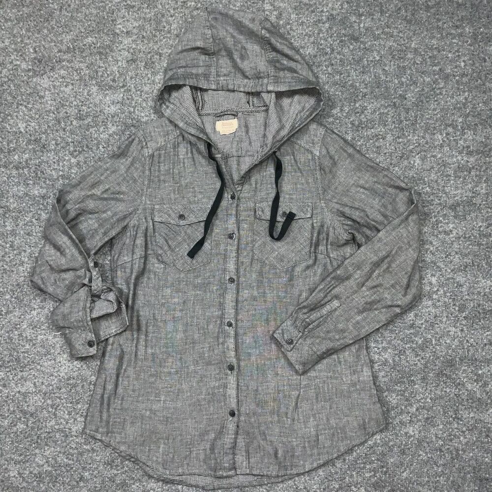 Boston Traders Top  Womens Size S Blue Button Front Hooded Pockets Long Sleeve